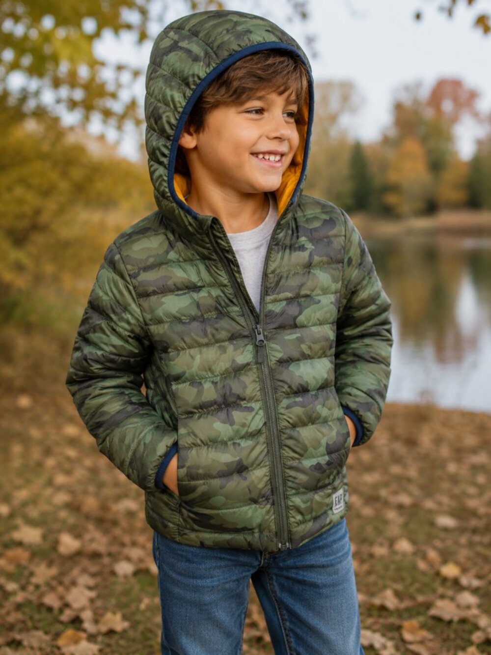 Gap Kids Camo Lightweight Puffer Jacket Hooded Green Yellow Size S 6-7